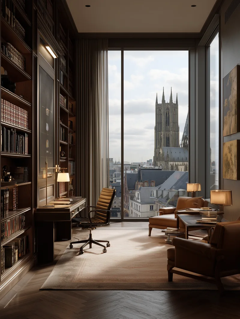 A legal library overlooking a European cathedral