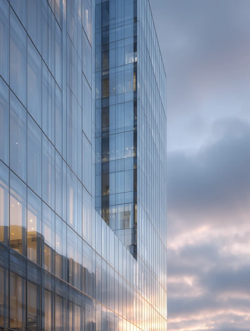A modern glass tower at dusk
