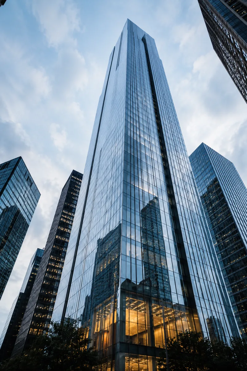 A modern glass tower against the sky