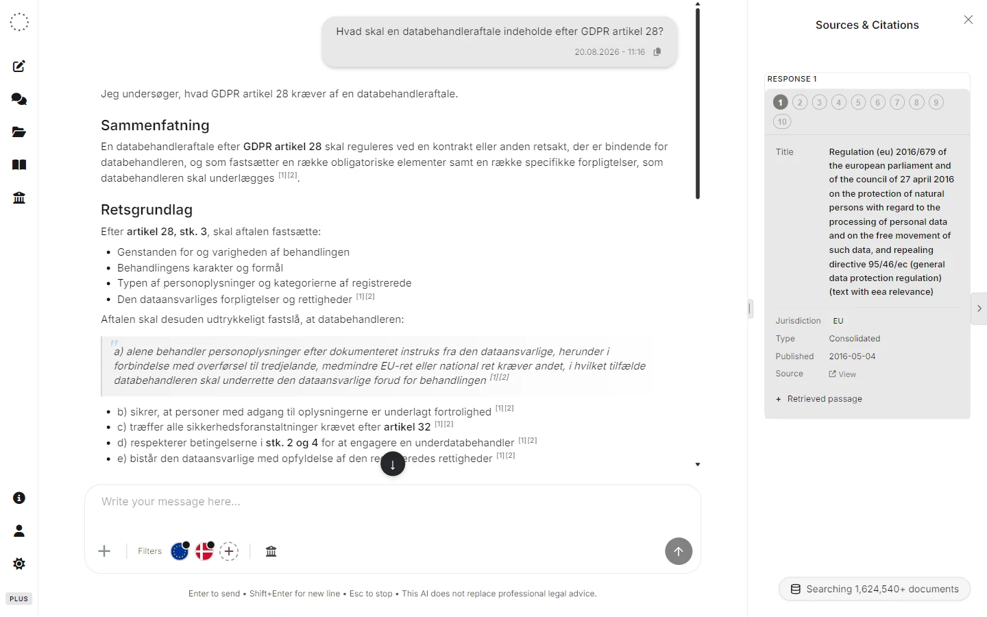 Skærmbillede af eulaw.ai i lys tilstand: et svar på, hvad en databehandleraftale skal indeholde efter GDPR artikel 28, med kilderne vist i panelet til højre.